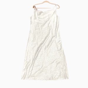 Cowl Neck White Satin Animal Print Midi Spaghetti Strap Dress Medium - NWT